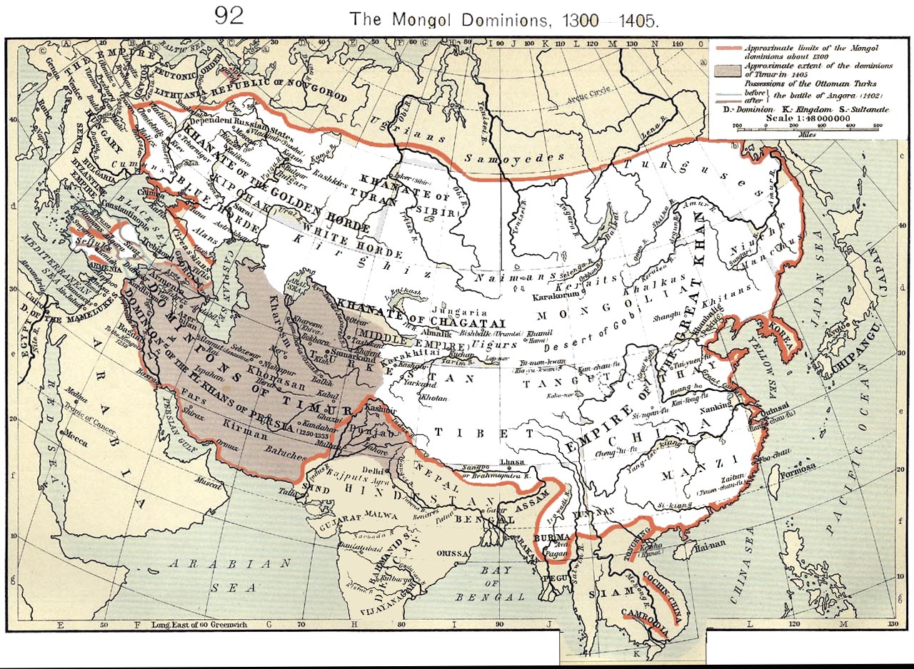 Historical map of the Mongol Empire (1300~1405), the gray area is Timurid dynasty.